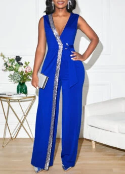 Sequin Sapphire Blue V Neck Jumpsuit -Rosewe Promotion Store 299852 P 16613366243247