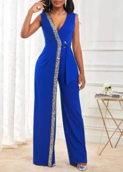 Sequin Sapphire Blue V Neck Jumpsuit -Rosewe Promotion Store 299852 P 16613366249923