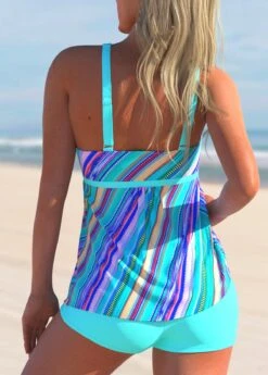 Cyan Geometric Stripe Print Tankini Set -Rosewe Promotion Store 300210 P 1646985233320