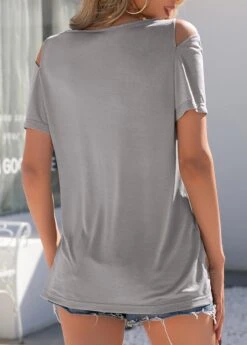 Light Grey Cold Shoulder Decorative Button T Shirt -Rosewe Promotion Store 300244 P 1647066144824