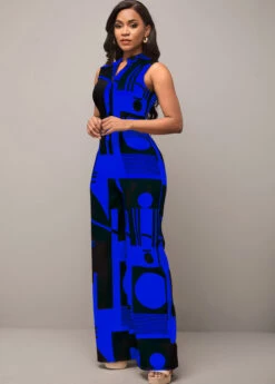 Geometric Print Pocket Royal Blue Jumpsuit -Rosewe Promotion Store 300348 P 16479455245920