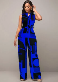 Geometric Print Pocket Royal Blue Jumpsuit