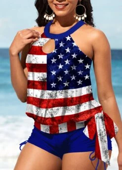 Bib Neck American Flag Print Cutout Tankini Set