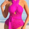 Lace Stitching Rose Red Cross Halter One Piece Swimwear -Rosewe Promotion Store 300423 P 1656489300584