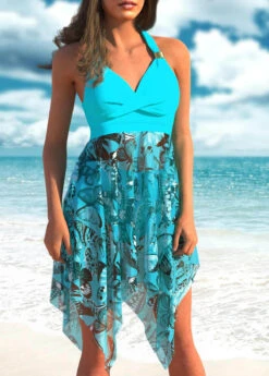 Cyan Butterfly Print Chiffon Stitching Swimdress And Panty -Rosewe Promotion Store 300743 P 1649409219553