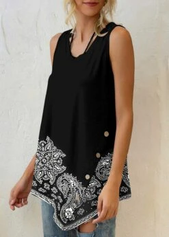 Paisley Print Black Asymmetric Hem Tank Top -Rosewe Promotion Store 300963 P 1647845005583