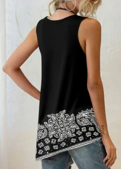 Paisley Print Black Asymmetric Hem Tank Top -Rosewe Promotion Store 300963 P 1647845005895