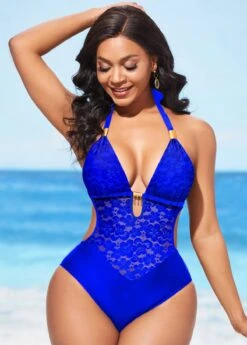 Cutout Royal Blue Lace Stitching One Piece Swimwear -Rosewe Promotion Store 300995 P 1647923373799