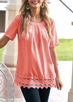 Lace Stitching Peach Pink Short Sleeve Blouse -Rosewe Promotion Store 301201 P 16551980442214