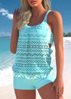 Cyan Plus Size Lace Stitching Leaf Print Tankini Set -Rosewe Promotion Store 301237 P 1649407788565