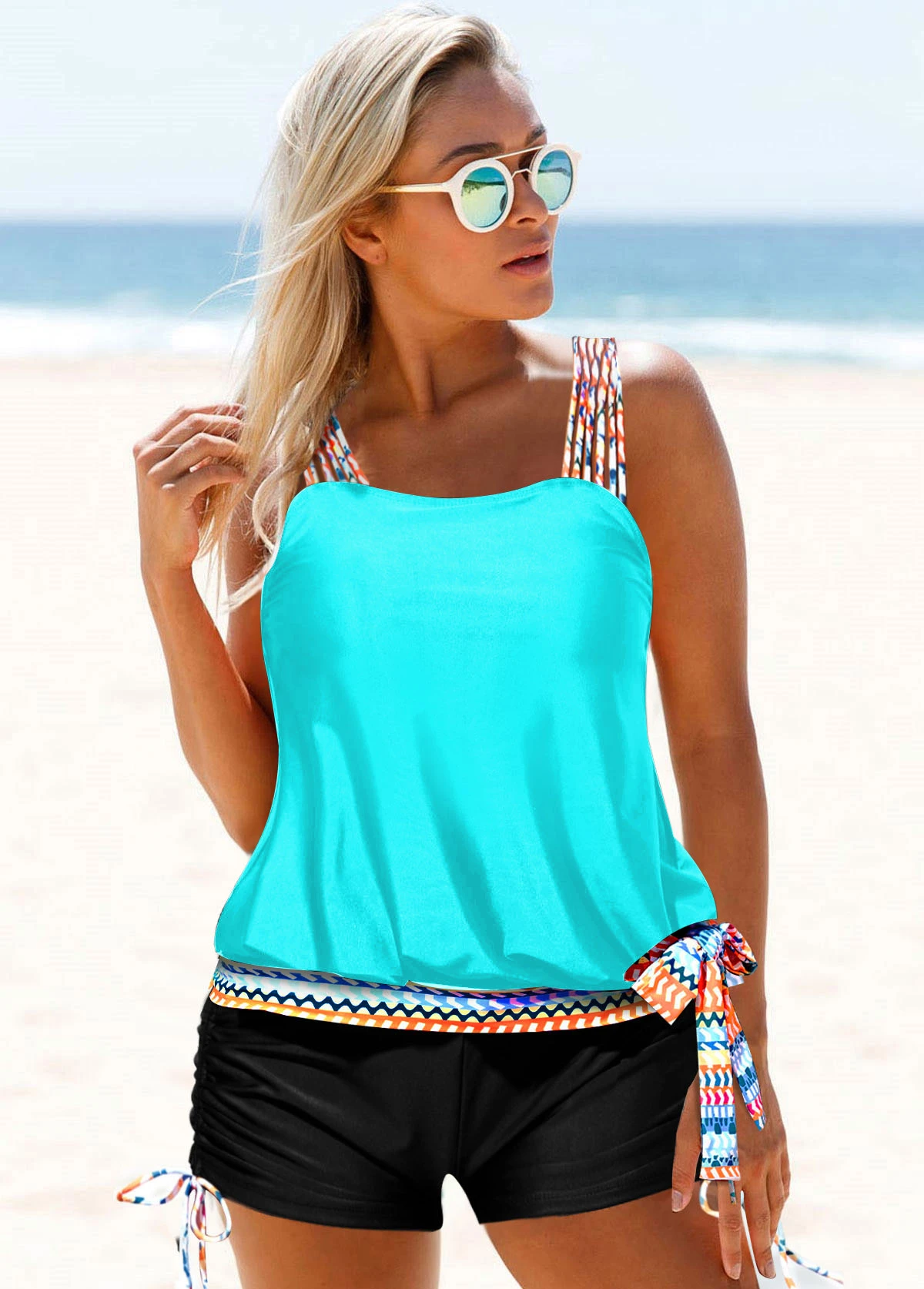 Cyan Tribal Print Tie Side Tankini Set 3 Cyan Tribal Print Tie Side Tankini Set