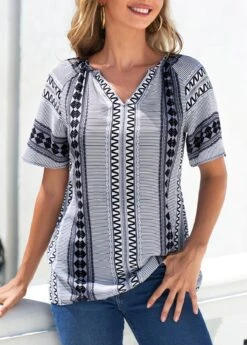 Tribal Print Grey Split Neck Blouse