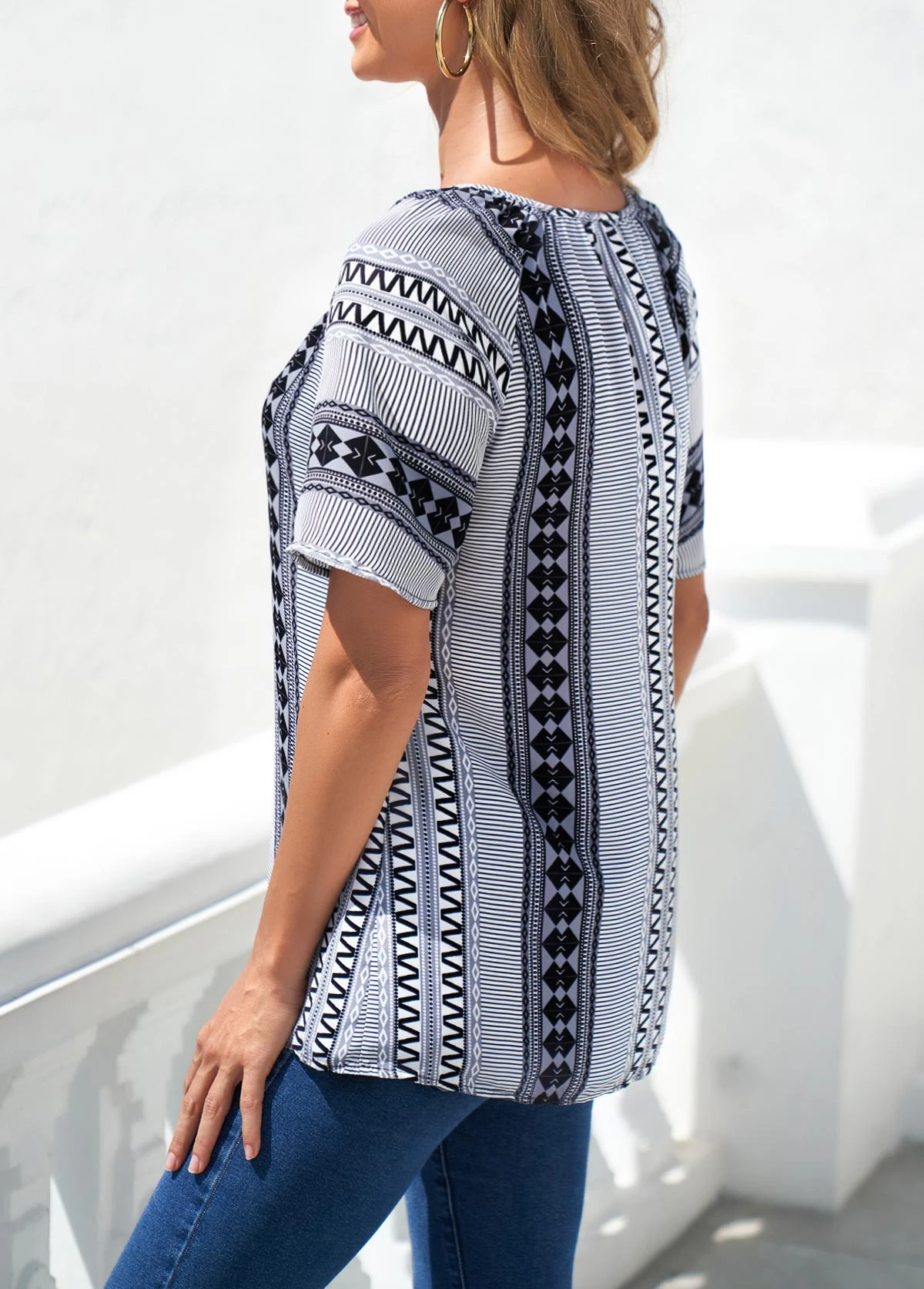 Tribal Print Grey Split Neck Blouse 4 Tribal Print Grey Split Neck Blouse - Image 2