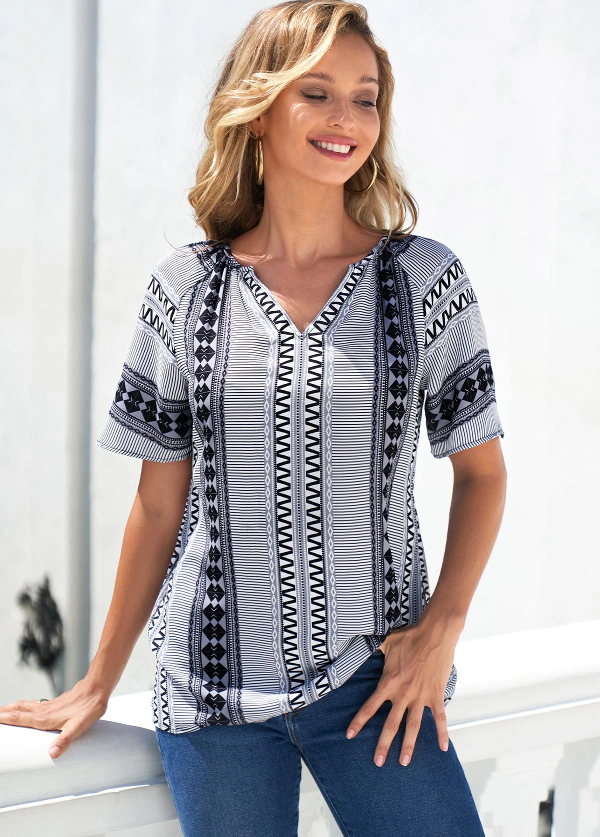 Tribal Print Grey Split Neck Blouse 8 Tribal Print Grey Split Neck Blouse - Image 6
