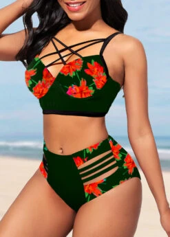 Black Floral Print Cage Neck Bikini Set -Rosewe Promotion Store 301352 P 1648646409892