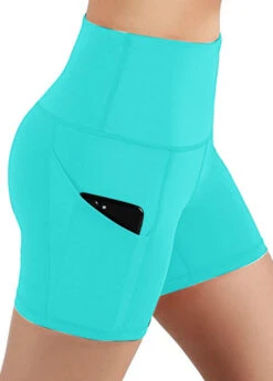 Cyan High Waisted Double Side Pockets Swim Shorts