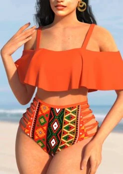 High Waisted Orange Tribal Print Bikini Set -Rosewe Promotion Store 301521 P 1659062657118
