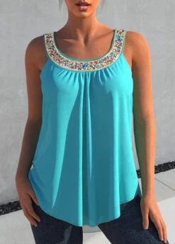 Cyan Rhinestone Design Wide Strap Tank Top
