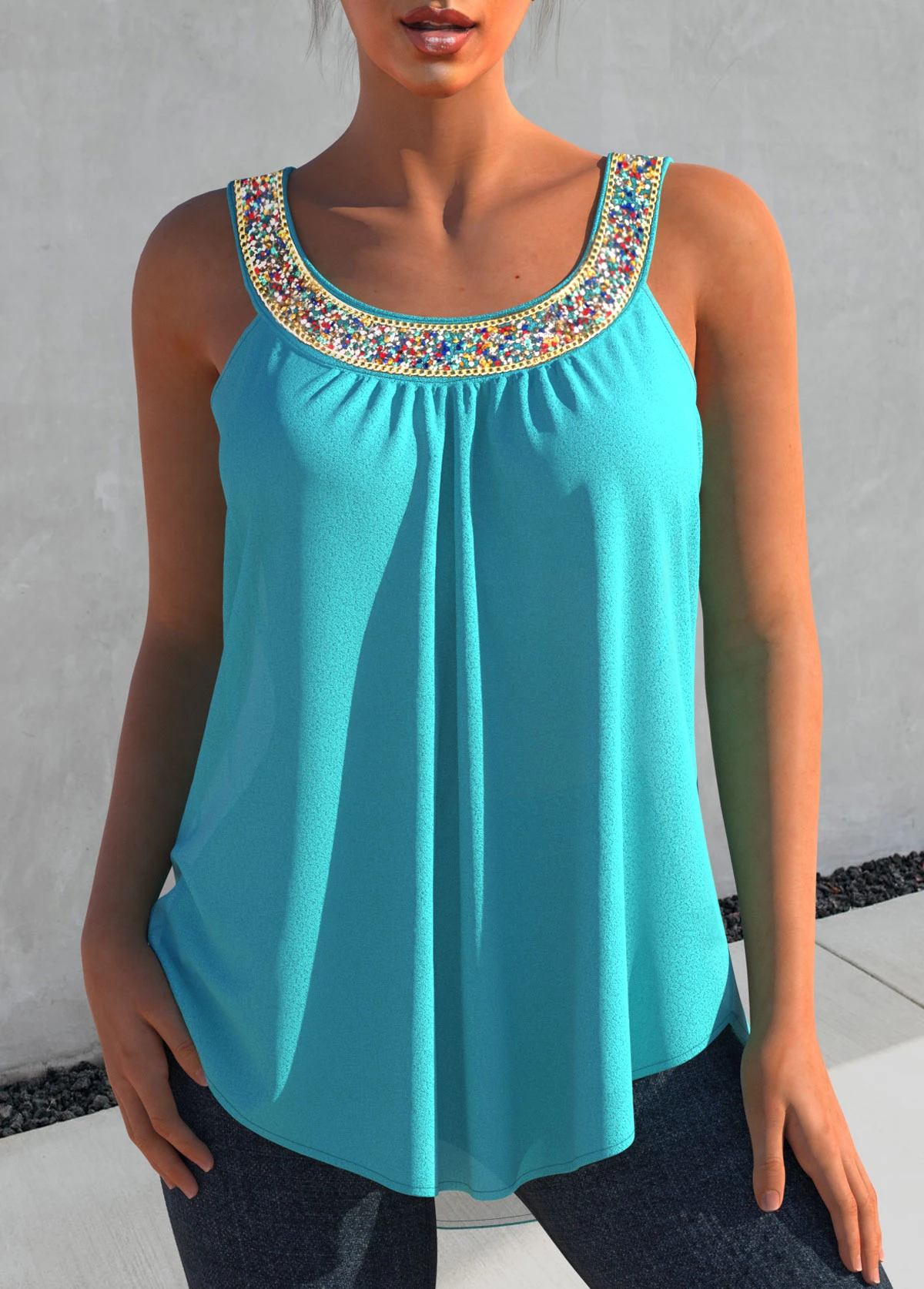 Cyan Rhinestone Design Wide Strap Tank Top 3 Cyan Rhinestone Design Wide Strap Tank Top