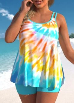 Cyan Plus Size Tie Dye Print Tankini Set