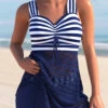 Nautical Striped Lace Patchwork Navy Blue Swimdress And Shorts -Rosewe Promotion Store 302090 P 1648709792603