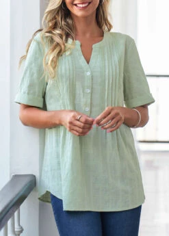Crinkle Chest Button Light Green Detail Blouse -Rosewe Promotion Store 302133 P 16575270892984