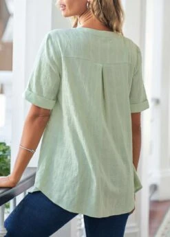 Crinkle Chest Button Light Green Detail Blouse -Rosewe Promotion Store 302133 P 16575270898691