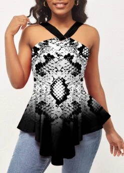 Ombre Animal Pattern Asymmetric Hem Black T Shirt