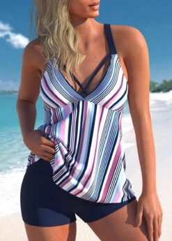 Cross Strap Multi Color Striped Tankini Set