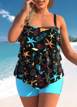 Plus Size Marine Life Print Layered Hem Tankini Set