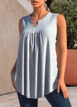 Grey Marl Decorative Button Split Neck Tank Top -Rosewe Promotion Store 302678 P 1651040839307