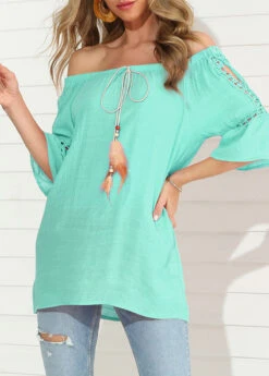 Hollow Out Mint Green Feathers Design T Shirt -Rosewe Promotion Store 302705 P 1649752996707