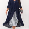 Navy Blue Striped Plus Size V Neck Dress -Rosewe Promotion Store 302906 P 16557199741770