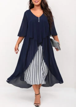 Navy Blue Striped Plus Size V Neck Dress