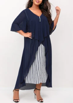 Navy Blue Striped Plus Size V Neck Dress -Rosewe Promotion Store 302906 P 16557199742274