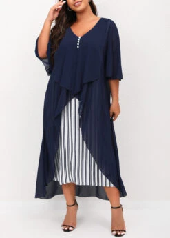 Navy Blue Striped Plus Size V Neck Dress -Rosewe Promotion Store 302906 P 16557199747723