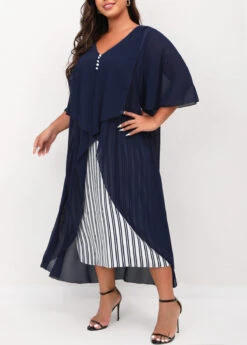 Navy Blue Striped Plus Size V Neck Dress -Rosewe Promotion Store 302906 P 16557199748772