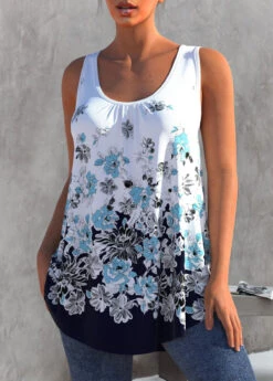Floral Print White Round Neck Tank Top -Rosewe Promotion Store 303024 P 1650343467617