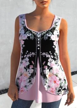 Floral Print Light Pink Faux Two Piece Tank Top