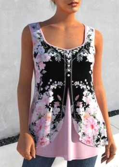 Floral Print Light Pink Faux Two Piece Tank Top 7 Floral Print Light Pink Faux Two Piece Tank Top -Rosewe Promotion Store 303025 P 1655202488516
