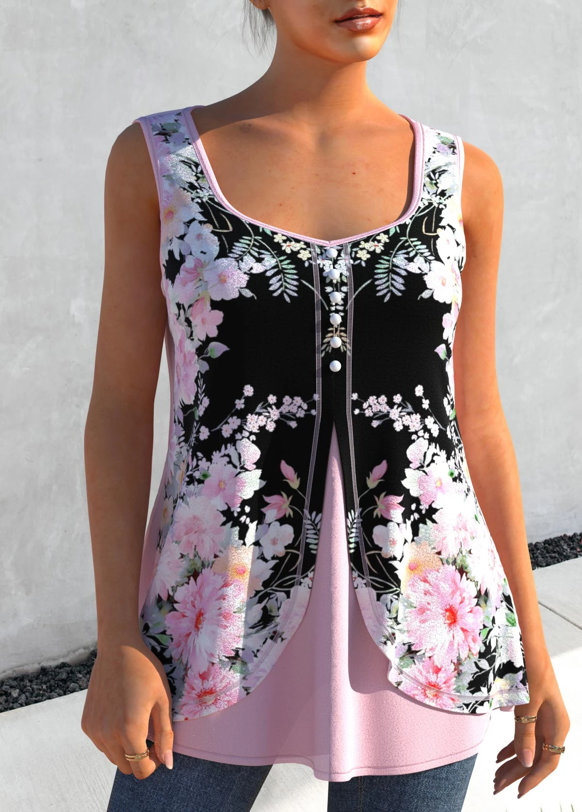 Floral Print Light Pink Faux Two Piece Tank Top 5 Floral Print Light Pink Faux Two Piece Tank Top - Image 3