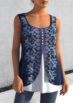 Navy Blue Faux Two Piece Tribal Print Tank Top -Rosewe Promotion Store 303027 P 1650343474942
