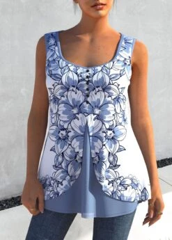 Floral Print Dusty Blue Faux Two Piece Tank Top