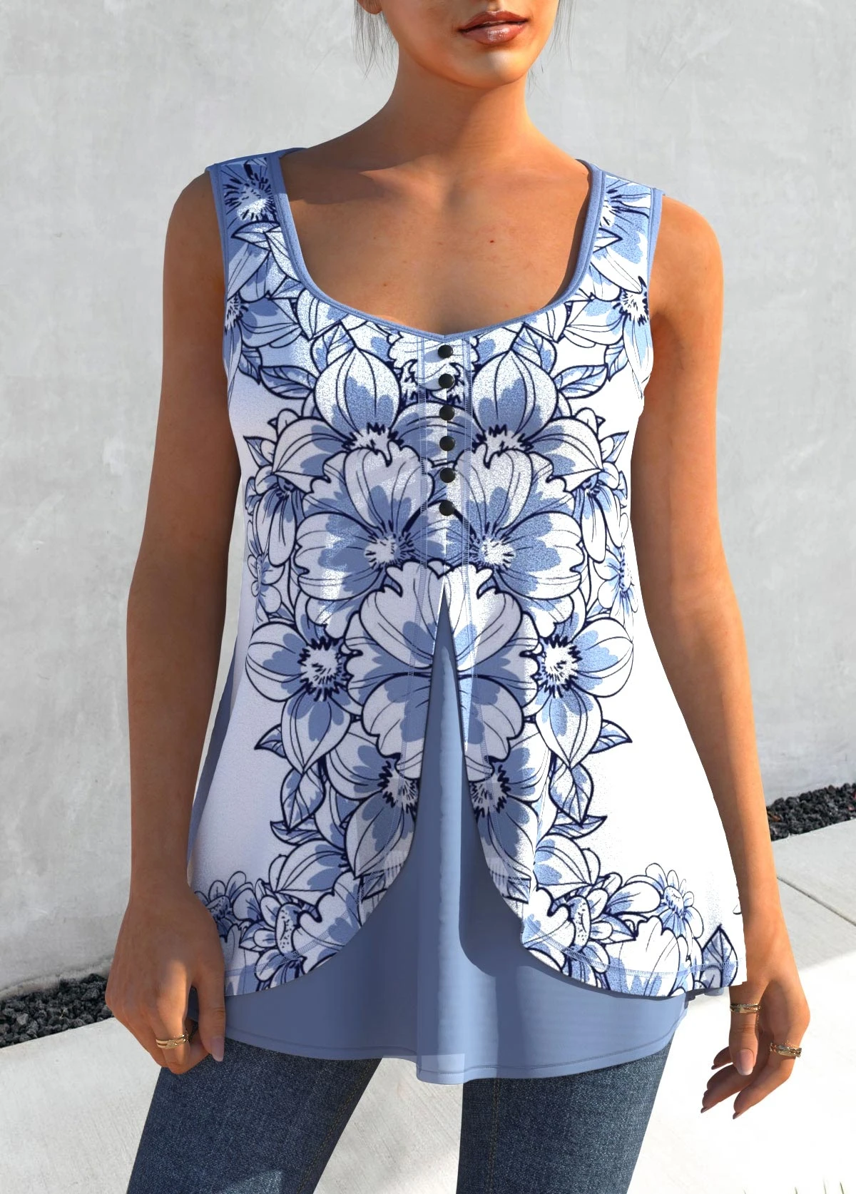 Floral Print Dusty Blue Faux Two Piece Tank Top 5 Floral Print Dusty Blue Faux Two Piece Tank Top - Image 3