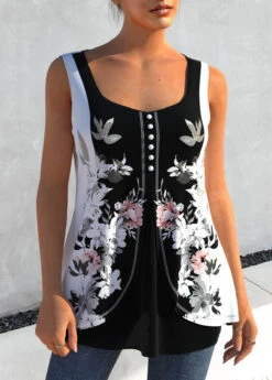 Floral Print Faux Two Piece Color Block Tank Top -Rosewe Promotion Store 303149 P 1655116303385