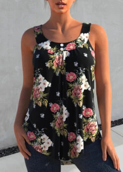 Black Floral Print Wide Strap Tank Top
