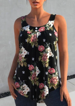 Black Floral Print Wide Strap Tank Top -Rosewe Promotion Store 303150 P 1650602225768