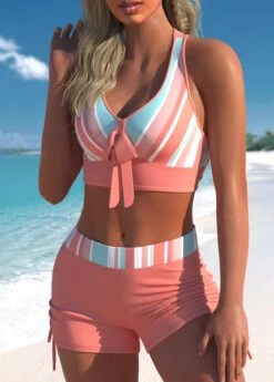 Striped Cross Strap Coral Orange Bowknot Bikini Set -Rosewe Promotion Store 303191 P 1650607320337