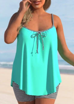 Cyan Plus Size Bowknot Striped Tankini Set