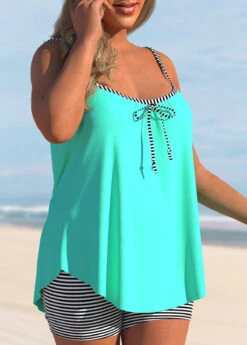Cyan Plus Size Bowknot Striped Tankini Set -Rosewe Promotion Store 303229 P 1651220949380